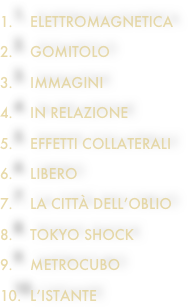     Elettromagnetica    
    Gomitolo    
    immagini 
    in relazione    
    effetti collaterali
    libero    
    la città dell’oblio
    tokyo shock
    metrocubo
  l’istante
